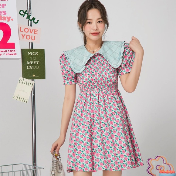 CHUU Pink and Blue Floral Puff Sleeve Dress - Picture 6 of 11